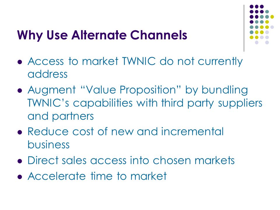 Why Use Alternate Channels Access to market TWNIC do not currently address Augment Value Proposition by bundling TWNIC’s capabilities with third party suppliers and partners Reduce cost of new and incremental business Direct sales access into chosen markets Accelerate time to market