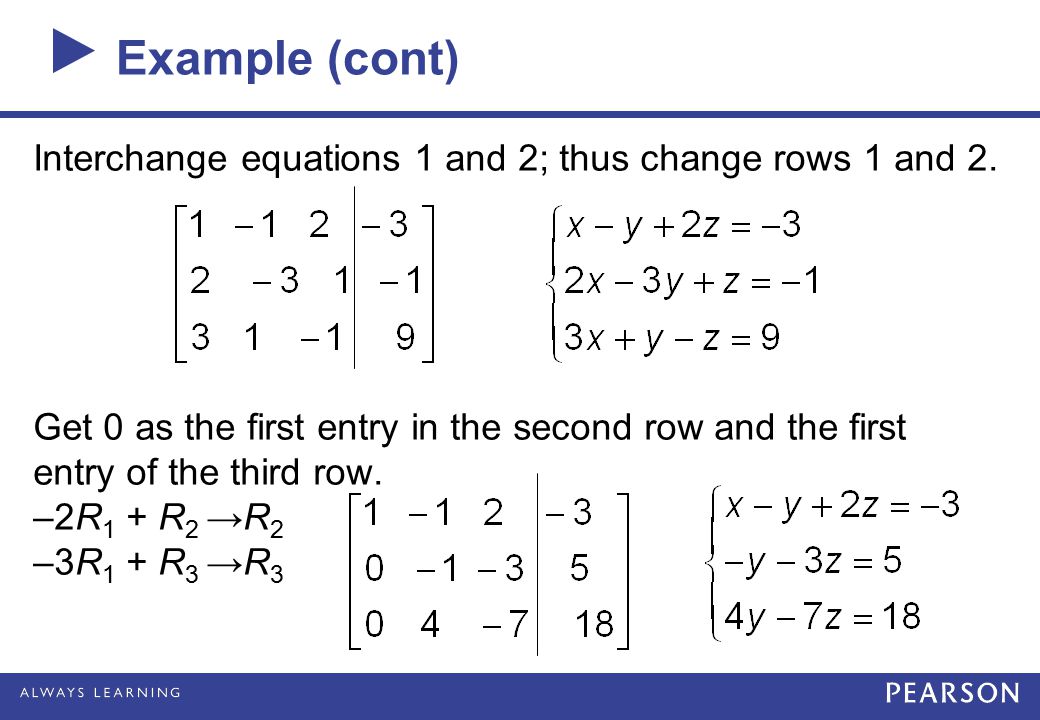Example (cont) Interchange equations 1 and 2; thus change rows 1 and 2.