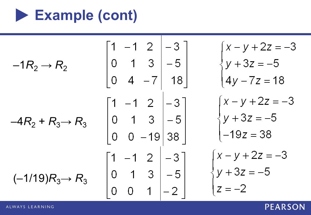 Example (cont) –1R 2 → R 2 –4R 2 + R 3 → R 3 (–1/19)R 3 → R 3
