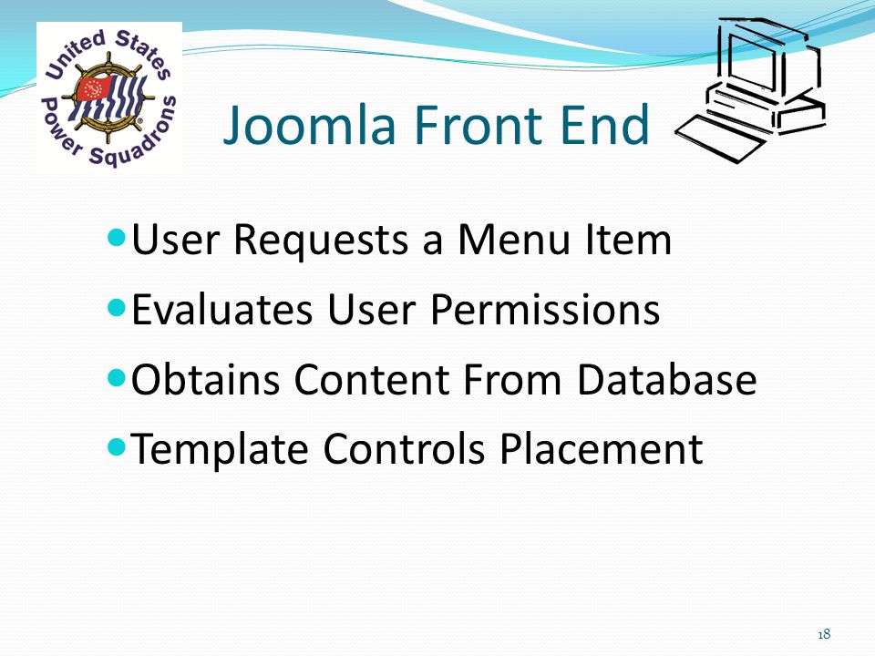 Joomla Front End User Requests a Menu Item Evaluates User Permissions Obtains Content From Database Template Controls Placement 18