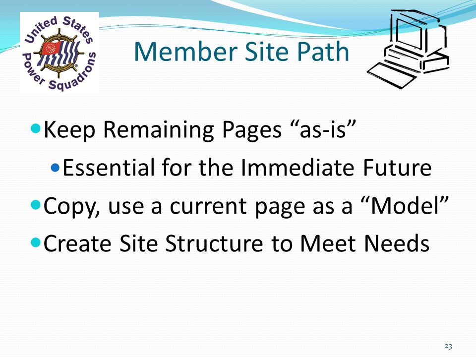 Member Site Path Keep Remaining Pages as-is Essential for the Immediate Future Copy, use a current page as a Model Create Site Structure to Meet Needs 23