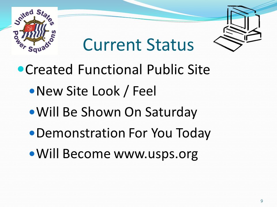 Current Status Created Functional Public Site New Site Look / Feel Will Be Shown On Saturday Demonstration For You Today Will Become   9
