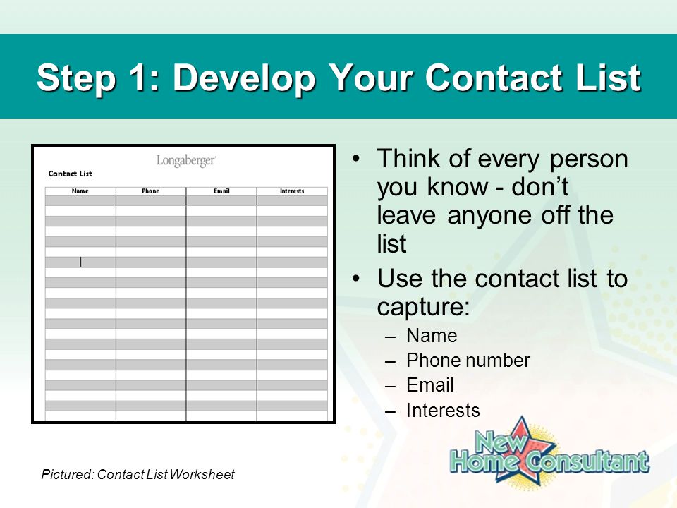 Step 1: Develop Your Contact List Think of every person you know - don’t leave anyone off the list Use the contact list to capture: –Name –Phone number – –Interests Pictured: Contact List Worksheet