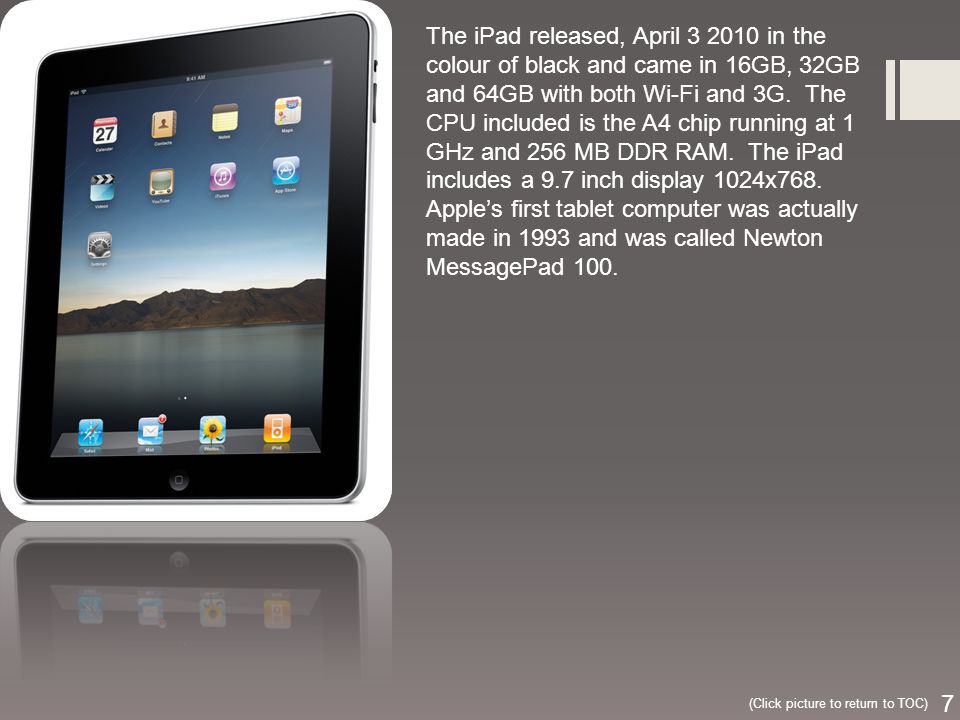 The iPad released, April in the colour of black and came in 16GB, 32GB and 64GB with both Wi-Fi and 3G.