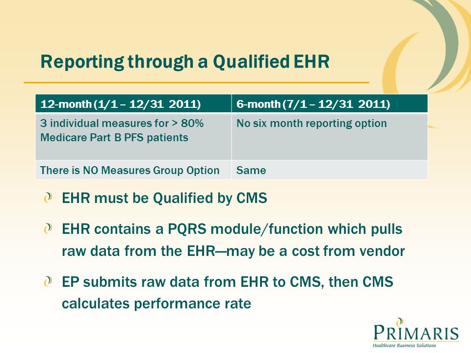 Reporting through a Qualified EHR 12-month (1/1 – 12/ )6-month (7/1 – 12/ ) 3 individual measures for > 80% Medicare Part B PFS patients No six month reporting option There is NO Measures Group OptionSame EHR must be Qualified by CMS EHR contains a PQRS module/function which pulls raw data from the EHR—may be a cost from vendor EP submits raw data from EHR to CMS, then CMS calculates performance rate
