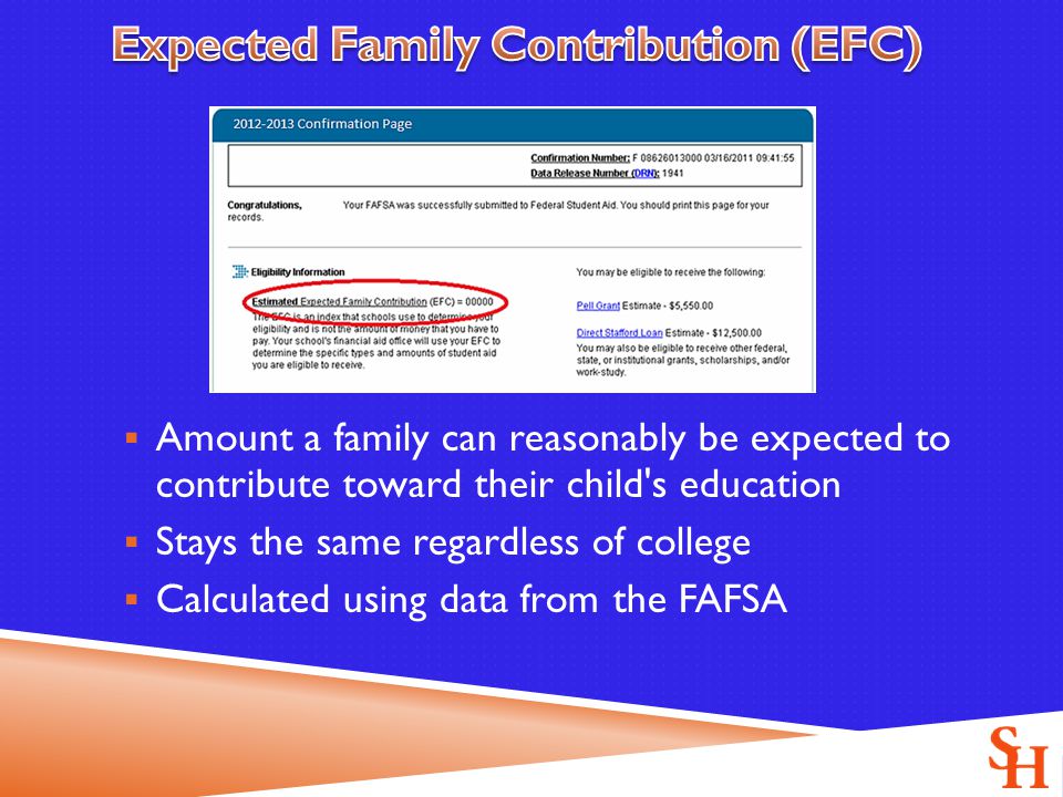  Amount a family can reasonably be expected to contribute toward their child s education  Stays the same regardless of college  Calculated using data from the FAFSA