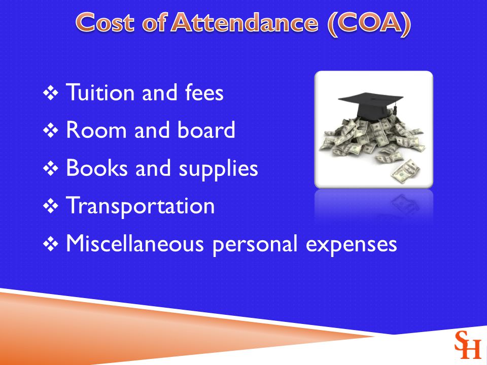  Tuition and fees  Room and board  Books and supplies  Transportation  Miscellaneous personal expenses