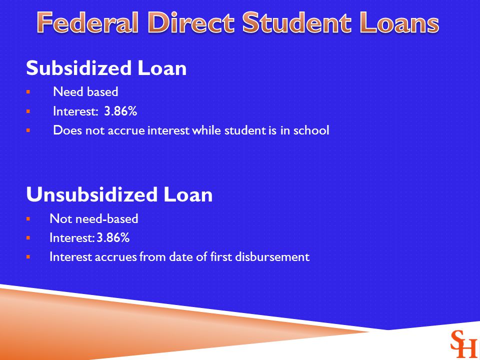Subsidized Loan  Need based  Interest: 3.86%  Does not accrue interest while student is in school Unsubsidized Loan  Not need-based  Interest: 3.86%  Interest accrues from date of first disbursement