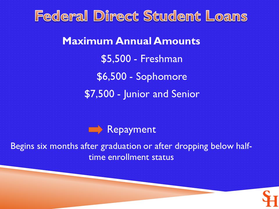 Maximum Annual Amounts $5,500 - Freshman $6,500 - Sophomore $7,500 - Junior and Senior Repayment Begins six months after graduation or after dropping below half- time enrollment status