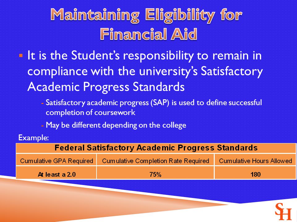  It is the Student’s responsibility to remain in compliance with the university’s Satisfactory Academic Progress Standards - Satisfactory academic progress (SAP) is used to define successful completion of coursework - May be different depending on the college Example: