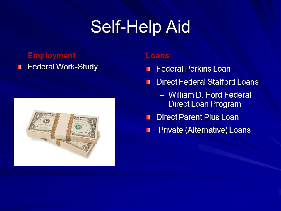 Self-Help Aid Employment Employment Federal Work-Study Loans Federal Perkins Loan Direct Federal Stafford Loans –William D.