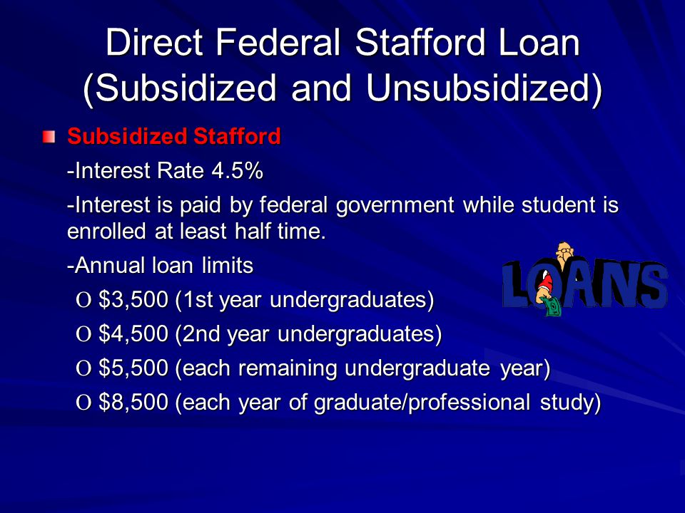 Direct Federal Stafford Loan (Subsidized and Unsubsidized) Subsidized Stafford -Interest Rate 4.5% -Interest is paid by federal government while student is enrolled at least half time.