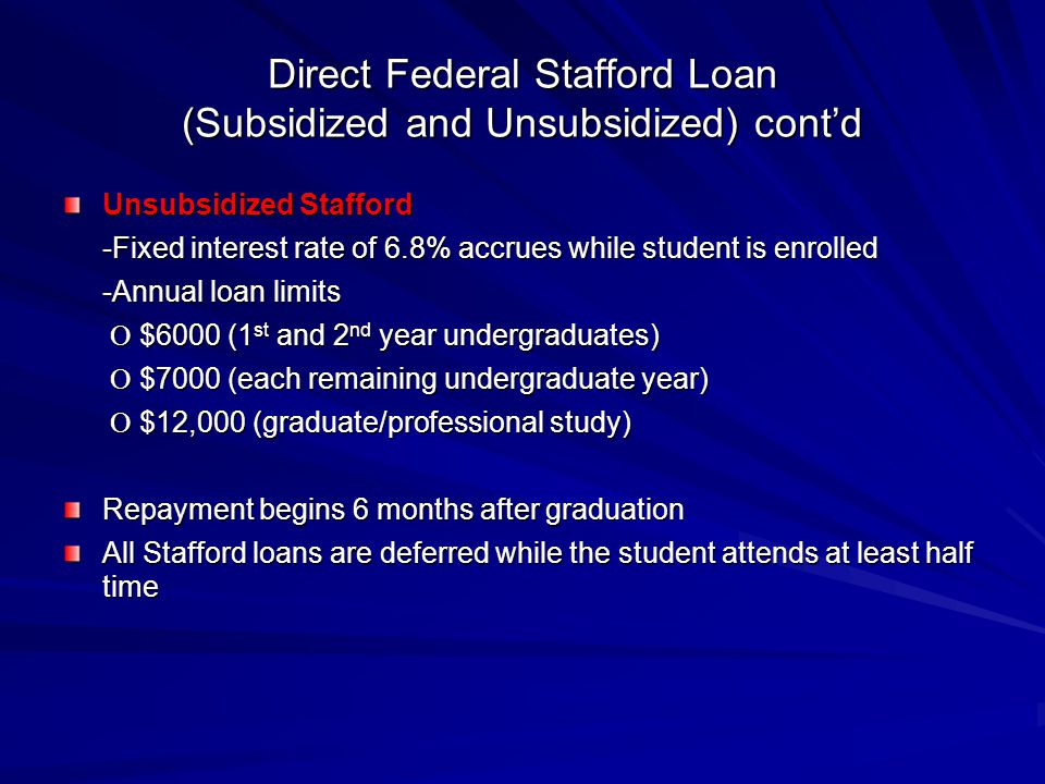Direct Federal Stafford Loan (Subsidized and Unsubsidized) cont’d Unsubsidized Stafford -Fixed interest rate of 6.8% accrues while student is enrolled -Annual loan limits  $6000 (1 st and 2 nd year undergraduates)  $6000 (1 st and 2 nd year undergraduates)  $7000 (each remaining undergraduate year)  $7000 (each remaining undergraduate year)  $12,000 (graduate/professional study)  $12,000 (graduate/professional study) Repayment begins 6 months after graduation All Stafford loans are deferred while the student attends at least half time