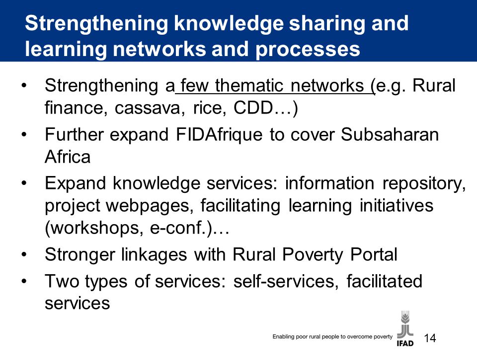 Strengthening knowledge sharing and learning networks and processes Strengthening a few thematic networks (e.g.