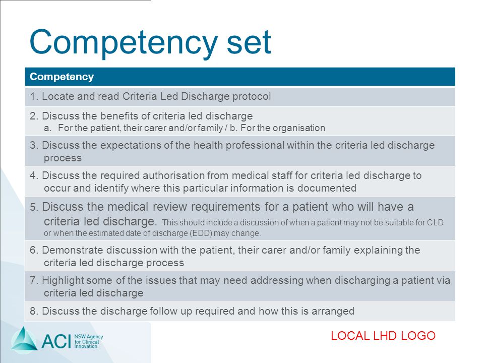 LOCAL LHD LOGO Competency set Competency 1. Locate and read Criteria Led Discharge protocol 2.