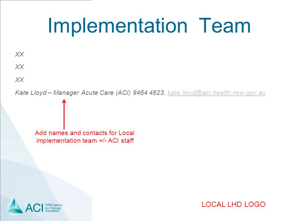 LOCAL LHD LOGO Implementation Team XX Kate Lloyd – Manager Acute Care (ACI) , Add names and contacts for Local implementation team +/- ACI staff