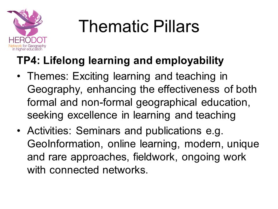 Thematic Pillars TP4: Lifelong learning and employability Themes: Exciting learning and teaching in Geography, enhancing the effectiveness of both formal and non-formal geographical education, seeking excellence in learning and teaching Activities: Seminars and publications e.g.
