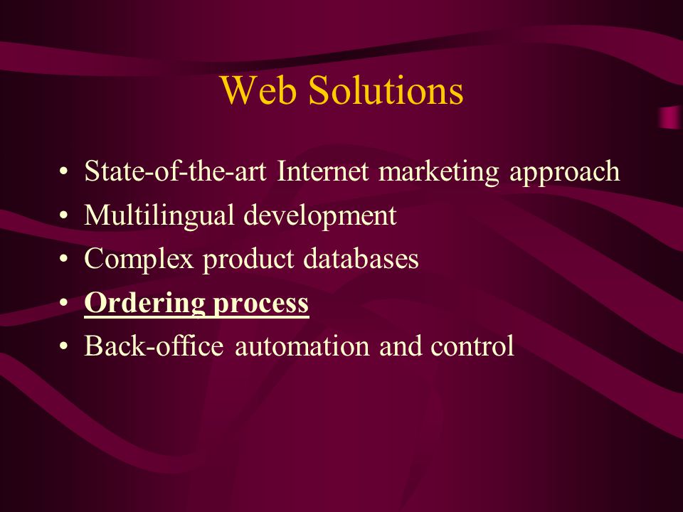 Web Solutions State-of-the-art Internet marketing approach Multilingual development Complex product databases Ordering process Back-office automation and control