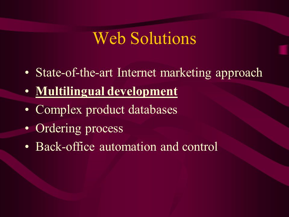 Web Solutions State-of-the-art Internet marketing approach Multilingual development Complex product databases Ordering process Back-office automation and control