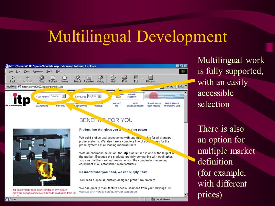 Multilingual Development Multilingual work is fully supported, with an easily accessible selection There is also an option for multiple market definition (for example, with different prices)