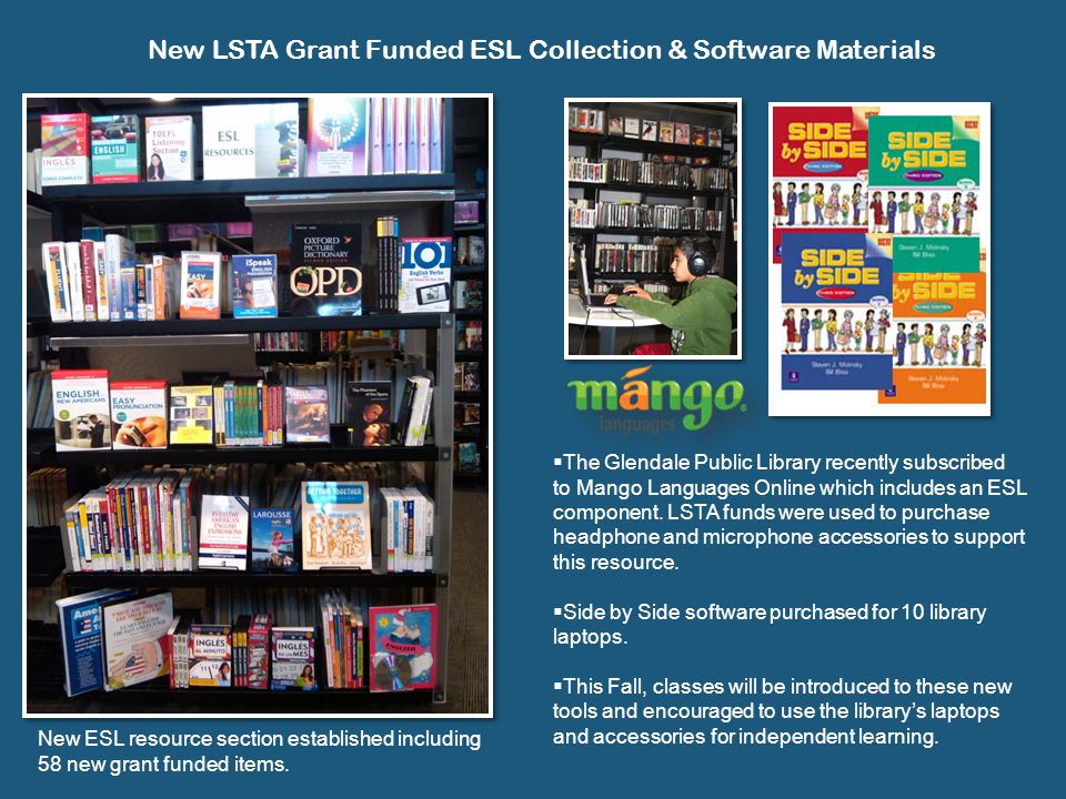 New LSTA Grant Funded ESL Collection & Software Materials  The Glendale Public Library recently subscribed to Mango Languages Online which includes an ESL component.