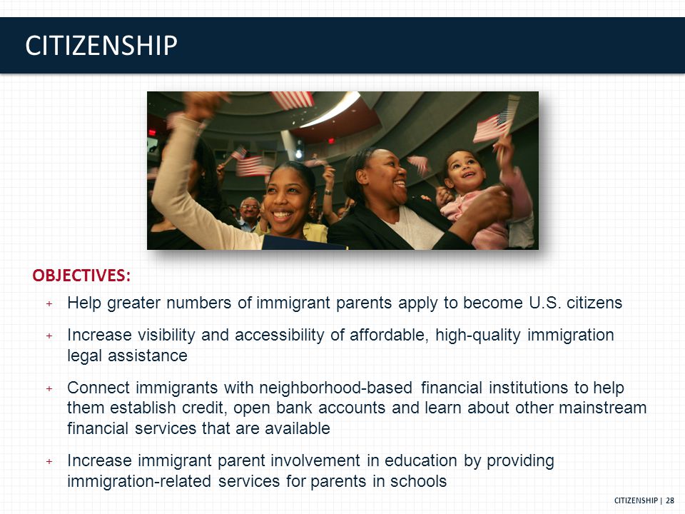 CITIZENSHIP CITIZENSHIP | 28 OBJECTIVES: + Help greater numbers of immigrant parents apply to become U.S.