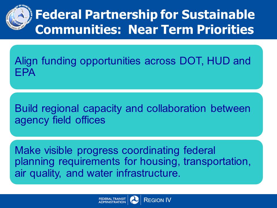 Federal Partnership for Sustainable Communities: Near Term Priorities Align funding opportunities across DOT, HUD and EPA Build regional capacity and collaboration between agency field offices Make visible progress coordinating federal planning requirements for housing, transportation, air quality, and water infrastructure.