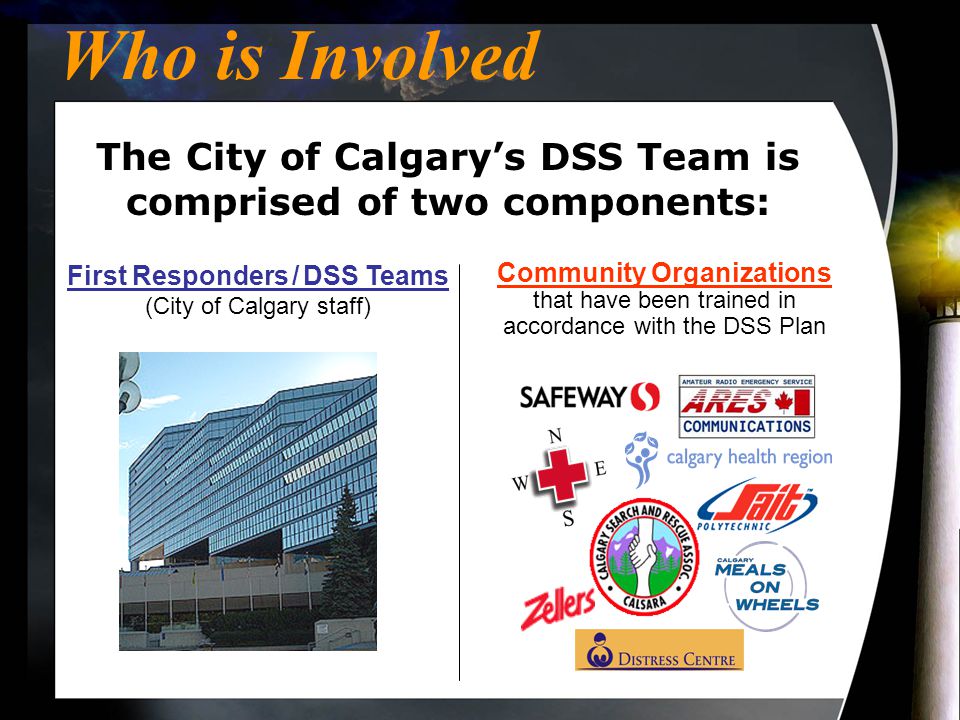 Who is Involved Community Organizations that have been trained in accordance with the DSS Plan The City of Calgary’s DSS Team is comprised of two components: First Responders / DSS Teams (City of Calgary staff)