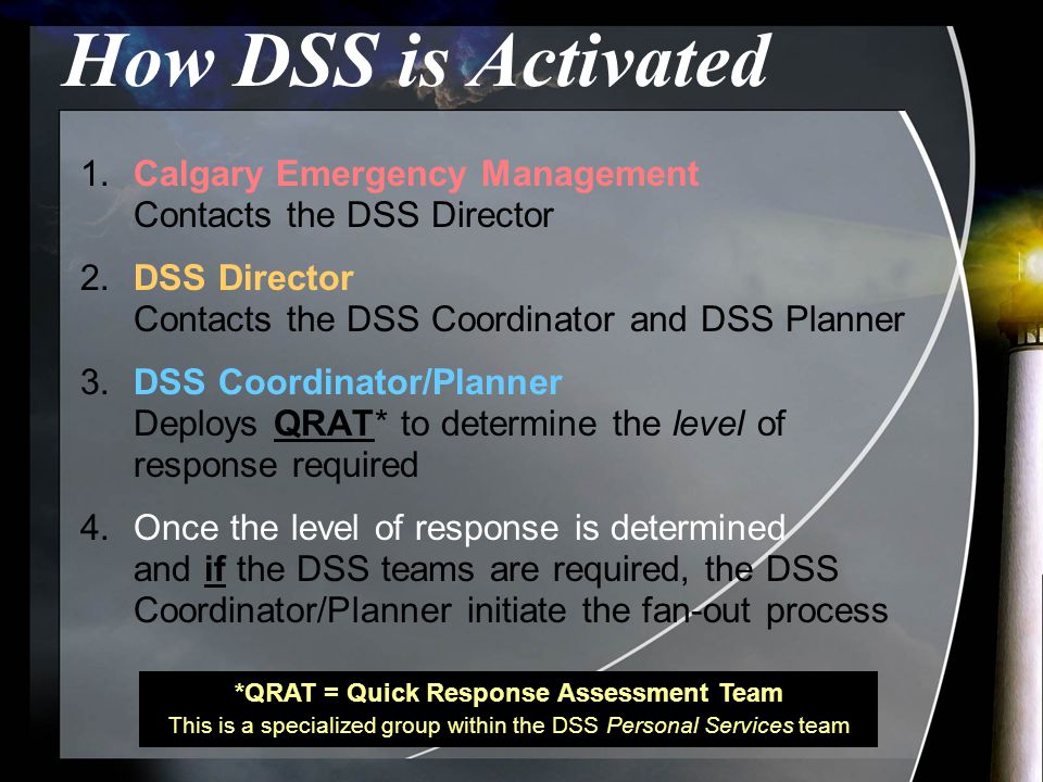 How DSS is Activated 1.Calgary Emergency Management Contacts the DSS Director 2.DSS Director Contacts the DSS Coordinator and DSS Planner 3.DSS Coordinator/Planner Deploys QRAT* to determine the level of response required 4.Once the level of response is determined and if the DSS teams are required, the DSS Coordinator/Planner initiate the fan-out process *QRAT = Quick Response Assessment Team This is a specialized group within the DSS Personal Services team