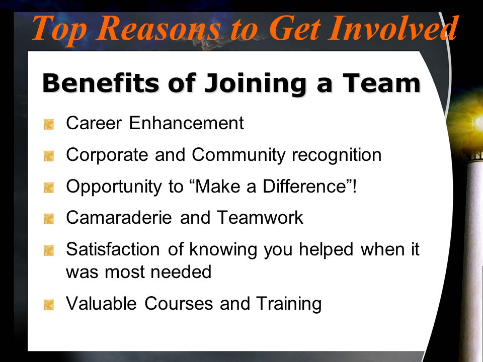 Top Reasons to Get Involved Career Enhancement Corporate and Community recognition Opportunity to Make a Difference .