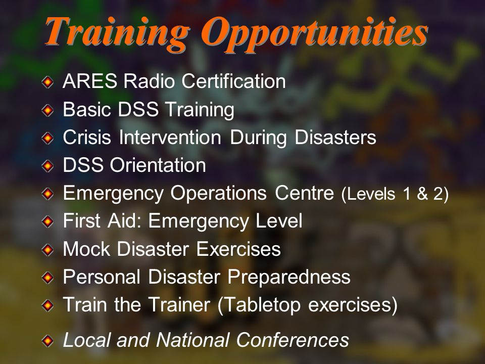 Training Opportunities ARES Radio Certification Basic DSS Training Crisis Intervention During Disasters DSS Orientation Emergency Operations Centre (Levels 1 & 2) First Aid: Emergency Level Mock Disaster Exercises Personal Disaster Preparedness Train the Trainer (Tabletop exercises) Local and National Conferences
