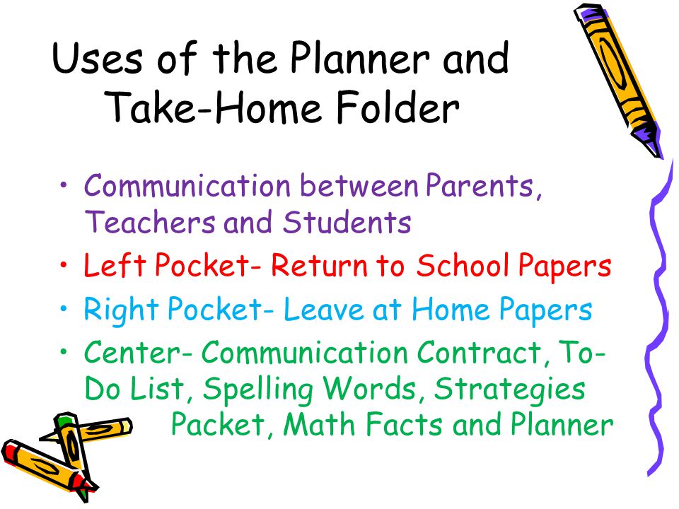 Uses of the Planner and Take-Home Folder Communication between Parents, Teachers and Students Left Pocket- Return to School Papers Right Pocket- Leave at Home Papers Center- Communication Contract, To- Do List, Spelling Words, Strategies Packet, Math Facts and Planner