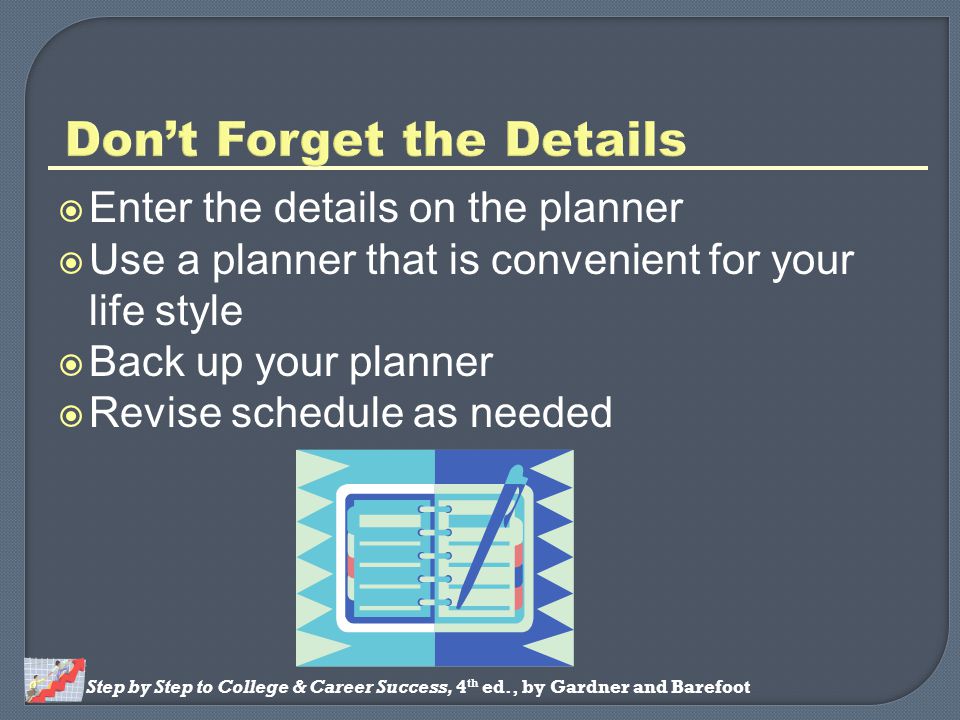 Step by Step to College & Career Success, 4 th ed., by Gardner and Barefoot  Enter the details on the planner  Use a planner that is convenient for your life style  Back up your planner  Revise schedule as needed