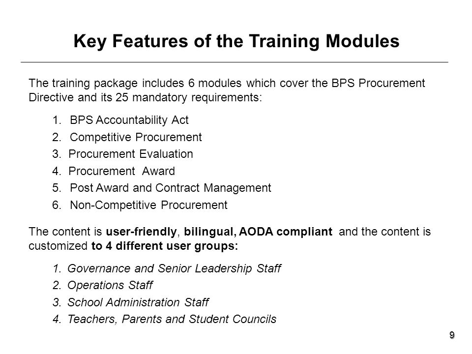 The training package includes 6 modules which cover the BPS Procurement Directive and its 25 mandatory requirements: 1.