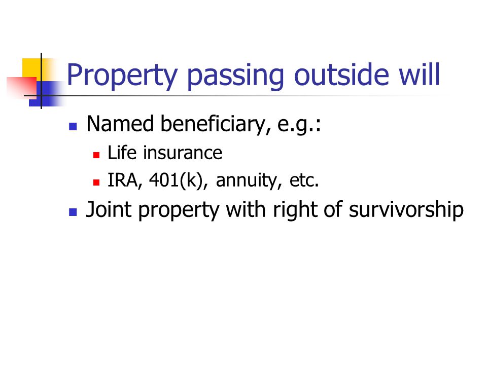 Property passing outside will Named beneficiary, e.g.: Life insurance IRA, 401(k), annuity, etc.