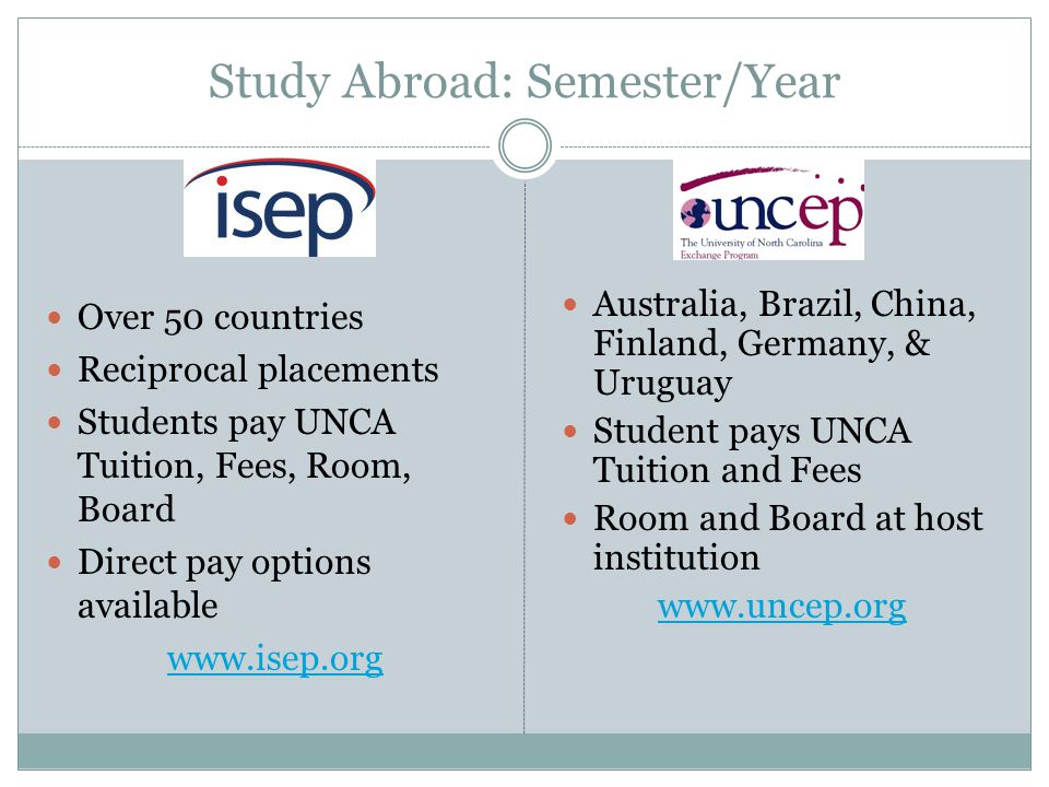 Australia, Brazil, China, Finland, Germany, & Uruguay Student pays UNCA Tuition and Fees Room and Board at host institution   Over 50 countries Reciprocal placements Students pay UNCA Tuition, Fees, Room, Board Direct pay options available   Study Abroad: Semester/Year