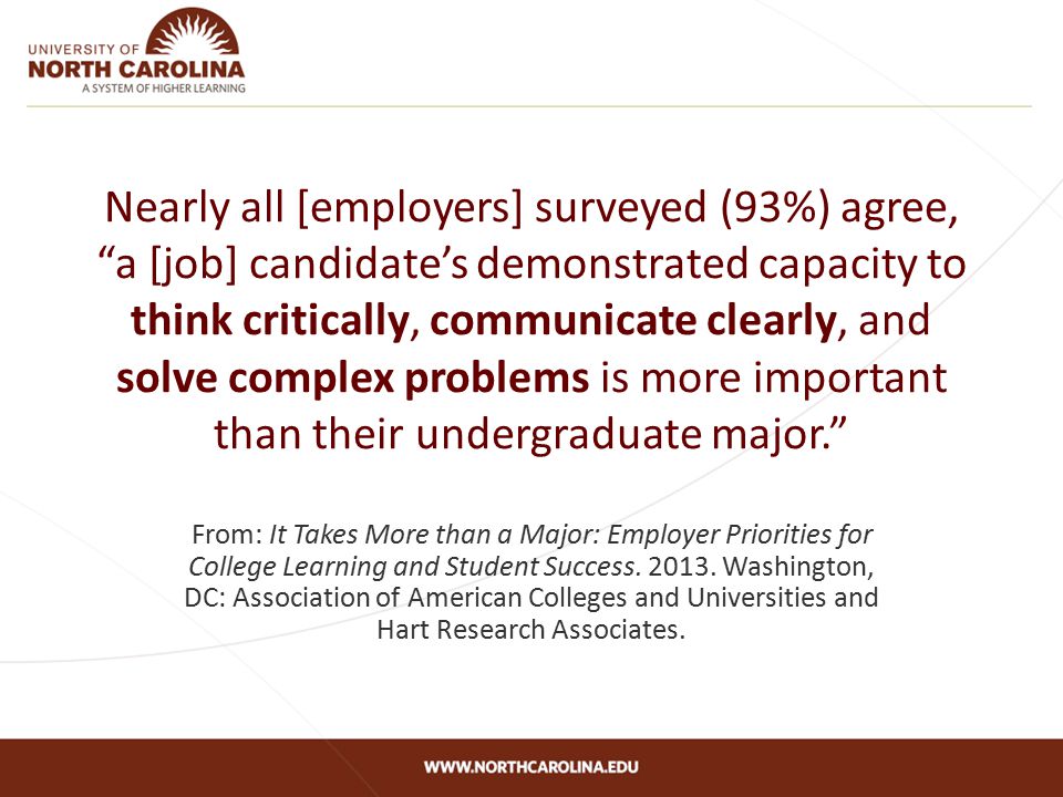 Nearly all [employers] surveyed (93%) agree, a [job] candidate’s demonstrated capacity to think critically, communicate clearly, and solve complex problems is more important than their undergraduate major. From: It Takes More than a Major: Employer Priorities for College Learning and Student Success.