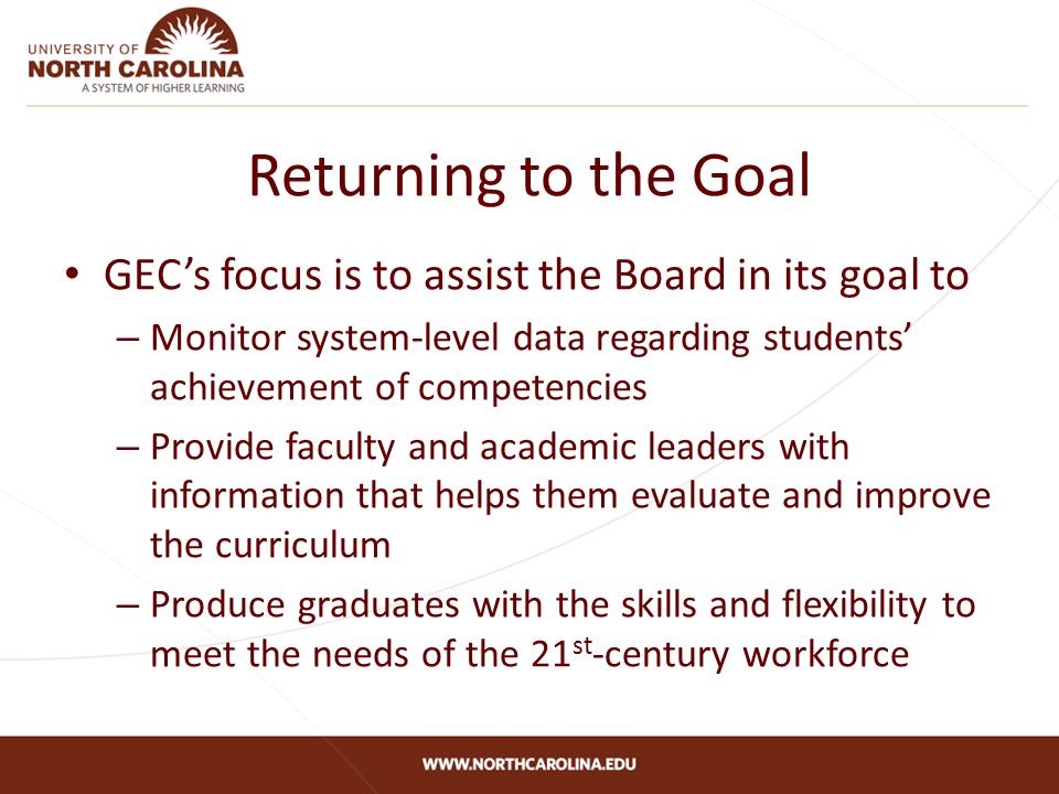 Returning to the Goal GEC’s focus is to assist the Board in its goal to – Monitor system-level data regarding students’ achievement of competencies – Provide faculty and academic leaders with information that helps them evaluate and improve the curriculum – Produce graduates with the skills and flexibility to meet the needs of the 21 st -century workforce