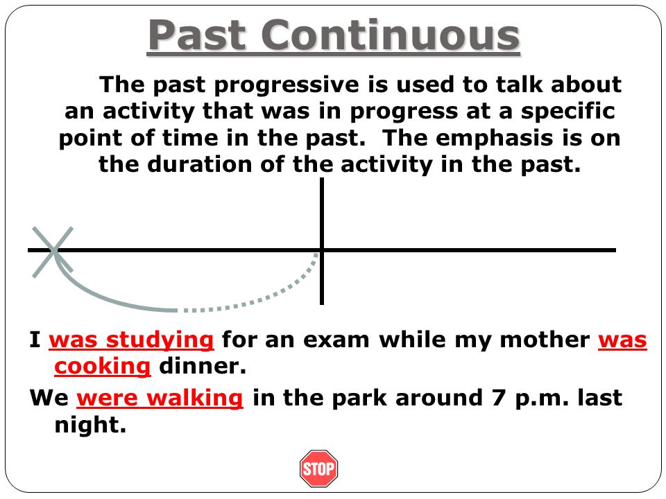 Past Continuous The past progressive is used to talk about an activity that was in progress at a specific point of time in the past.