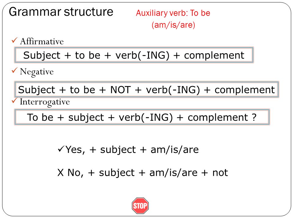 Grammar structure Auxiliary verb: To be (am/is/are) Affirmative Negative Interrogative Subject + to be + verb(-ING) + complement Subject + to be + NOT + verb(-ING) + complement To be + subject + verb(-ING) + complement .