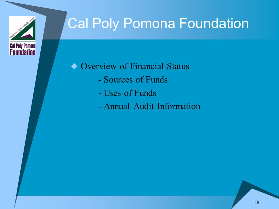 18 Cal Poly Pomona Foundation  Overview of Financial Status - Sources of Funds - Uses of Funds - Annual Audit Information