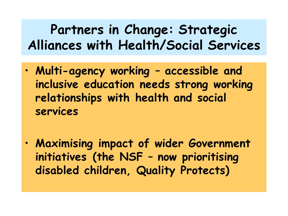 Partners in Change: Strategic Alliances with Health/Social Services Multi-agency working – accessible and inclusive education needs strong working relationships with health and social services Maximising impact of wider Government initiatives (the NSF – now prioritising disabled children, Quality Protects)