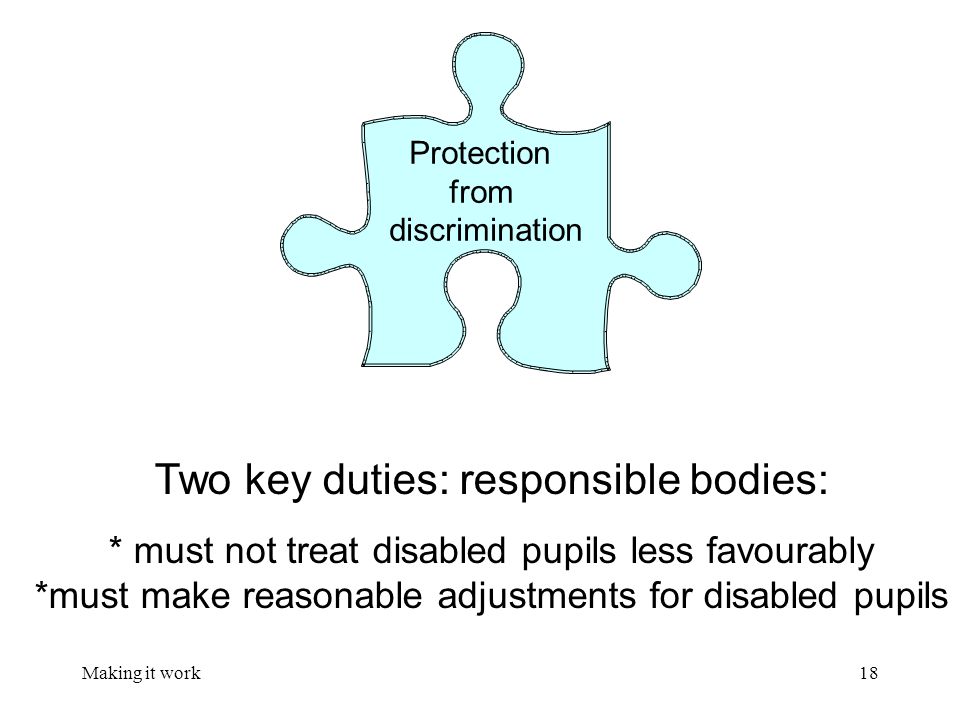 Making it work18 Protection from discrimination Two key duties: responsible bodies: * must not treat disabled pupils less favourably *must make reasonable adjustments for disabled pupils