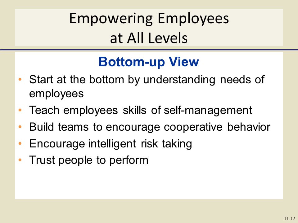 Empowering Employees at All Levels Bottom-up View Start at the bottom by understanding needs of employees Teach employees skills of self-management Build teams to encourage cooperative behavior Encourage intelligent risk taking Trust people to perform 11-12