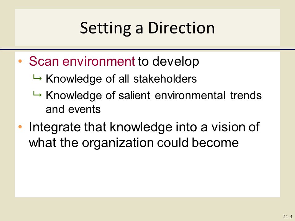 Setting a Direction Scan environment to develop  Knowledge of all stakeholders  Knowledge of salient environmental trends and events Integrate that knowledge into a vision of what the organization could become 11-3