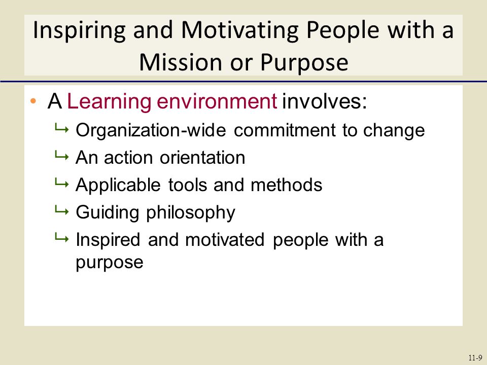 Inspiring and Motivating People with a Mission or Purpose A Learning environment involves:  Organization-wide commitment to change  An action orientation  Applicable tools and methods  Guiding philosophy  Inspired and motivated people with a purpose 11-9