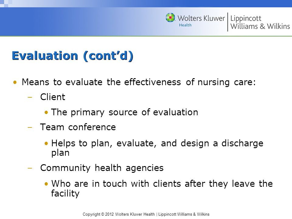 Copyright © 2012 Wolters Kluwer Health | Lippincott Williams & Wilkins Evaluation (cont’d) Means to evaluate the effectiveness of nursing care: –Client The primary source of evaluation –Team conference Helps to plan, evaluate, and design a discharge plan –Community health agencies Who are in touch with clients after they leave the facility