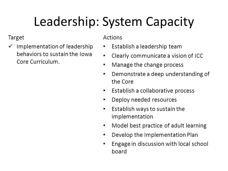 6 Leadership: System Capacity Target Implementation of leadership behaviors to sustain the Iowa Core Curriculum.