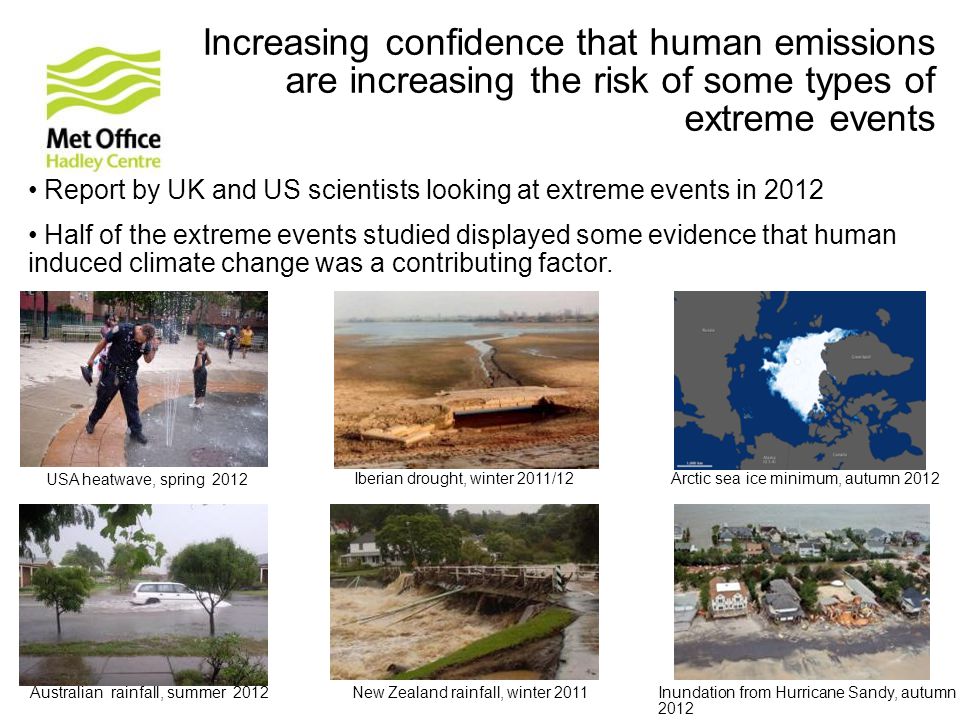 Report by UK and US scientists looking at extreme events in 2012 Half of the extreme events studied displayed some evidence that human induced climate change was a contributing factor.