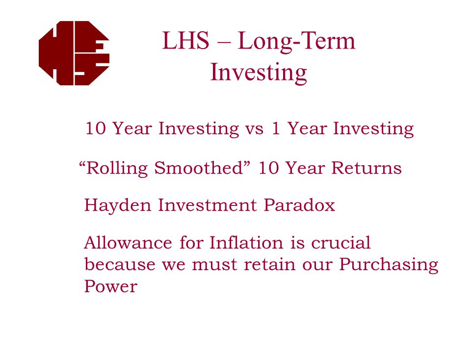 LHS – Long-Term Investing 10 Year Investing vs 1 Year Investing Rolling Smoothed 10 Year Returns Hayden Investment Paradox Allowance for Inflation is crucial because we must retain our Purchasing Power